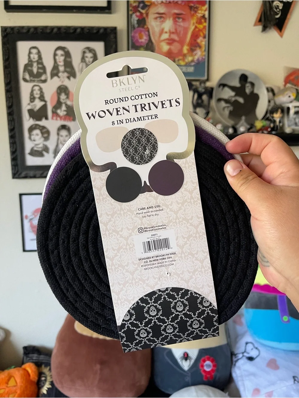 Woven Cotton Round Trivets - Black & Purple (3pc)